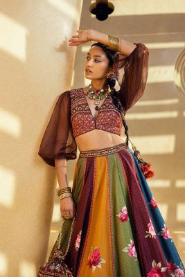 Hand - Painted Floral Lehenga Set With Potli Bag From Kalista - Delhi Clothing