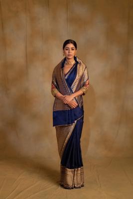 Gangaur- Navy Blue Silk Banarasi Mashru Banarasi Saree – Priyanka Raajiv - Kolkata Clothing