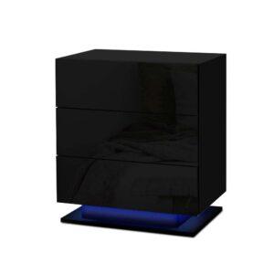 Artiss Bedside Tables Side Table RGB LED Lamp 3 Drawers Nightstand Gloss Black - Brisbane Furniture