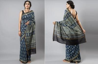 Buy Ajrakh Chanderi Silk Sarees