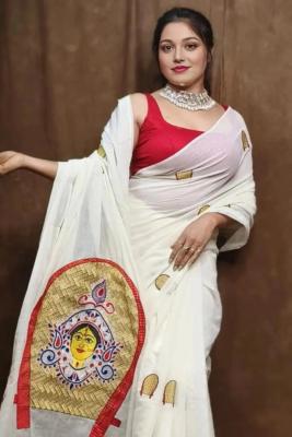 Elegant White Cotton Saree - Kolkata Clothing