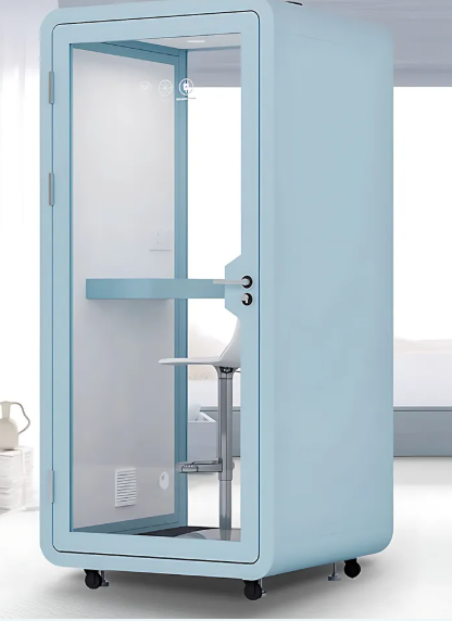 Blue & Orange Acoustic Office Pods - Portable Soundproof Booths with Built-In Workstations