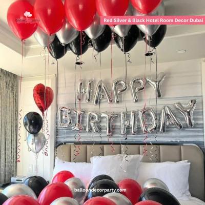 🎈 Red, Silver & Black Hotel Room Decor in Dubai! 🎈