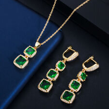 Gold Plated Square Zircon Long Dangle Earring Pendant Necklace Women Jewelry Set
