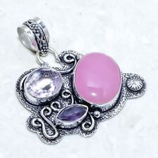 Rose Quartz, Kunzite Gemstone Handmade Silver Jewelry Pendant 1.6 PRJ13155"