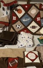 Lot of 13 Pc Baby Room Sports Theme Items. Quilt Dust Ruffle Sheets