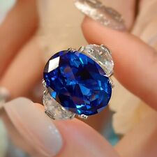 New 14mm Oval Spinel Blue Topaz Gemstone Party Jewelry Charm Women Silver Ring