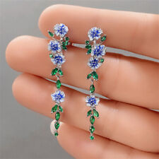 Women Girls Alloy Long Blue Flower Drop Dangle Earrings Party Jewelry Gifts