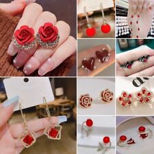 Elegant Red Pearl Cubic CZ Zircon Ear Earrings Stud Drop Dangle Women Jewellery