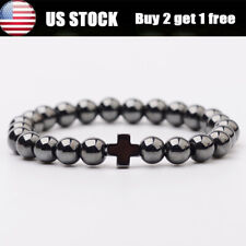 Christian Prayer Cross Bracelets 8mm Magnetic Hematite Beaded Bangle Weight Loss