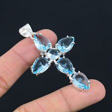 Blue Topaz Ethnic Handmade Cross Design Pendant Jewelry Party Wear 2.6 CP 018"