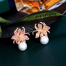 Luxury Flower Pearl Earrings Yellow Gold Plated CZ Rose Red Bridal Women Jewelry