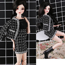 1/3SD BJD Doll Plaid Lolita Clothes White Dotted Line Black Coat+T-shirt+Skirt