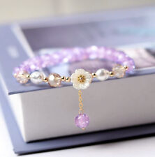 Purple Crystal Beads Flower Lucky Bracelet Elastic Bangle Women Party Jewelry