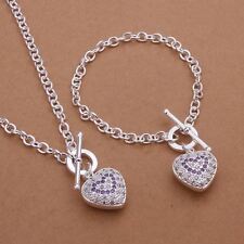 925 silver Fashion Beautiful pretty heart Necklace Bracelet jewelry set wedding