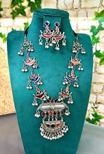 Ethnic Indian Bollywood Set Silver Plated Oxidized Jhumka Earrings Necklace Set
