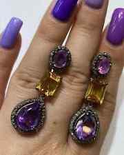 925 Sterling Silver Patches Diamond Amethyst & Citrine Gemstone Long Earrings