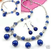 Lovely Tibet Silver Lazuli Lapis Necklace Bracelet Earring Jewelry Set