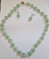 Green & White Cluster Beads Dress Up Necklace & Earrings Set Handmade Jewellery