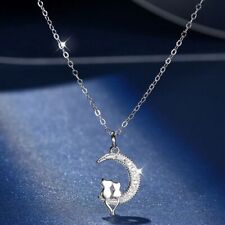 925 Silver Plated Cute Cat Moon Pendant Necklace Clavicle Chain Women Jewelry