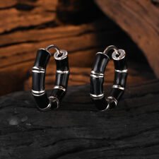 Women 925 Sterling Silver Hoop Huggie Earrings Black Enamel Bamboo Ear Clip