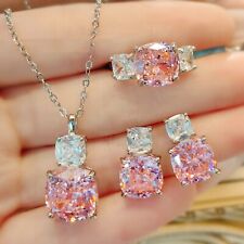 3pc Set Ice Flower Cut Pink Topaz Amethyst Gems Charm Women Silver Necklace Ring