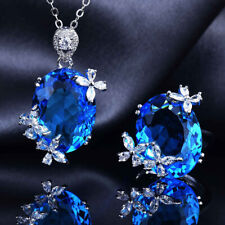 Butterfly Titantic Ocean Blue Topaz Gems Silver Oval Pendant Adjustable Ring Set