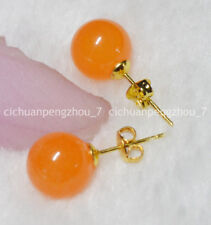 Natural 10mm Orange Topaz Gemstone Round Beads Gold Stud Earrings