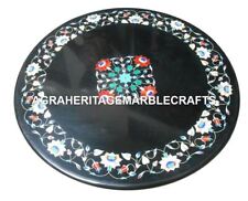 24 Black Marble Round Top Coffee Table Marquetry Inlay Hallway Art Decor H2961"