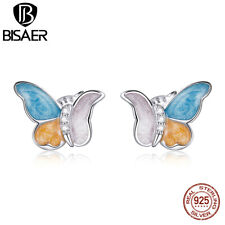 Bisaer Authentic 925 Sterling Silver Butterfly Enamel Stud Earring Women Jewelry