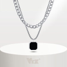 Vnox Black Onyx Square Pendant Necklace Gemstone Bead Pendant Chain Jewelry