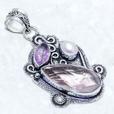 Kunzite Quartz, Pearl Gemstone Handmade Silver Jewelry Pendant 2.2 PRJ13092"
