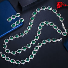 Top Green Bridal Wedding Necklace Earrings Bracelet CZ Silver Plated Jewelry Set