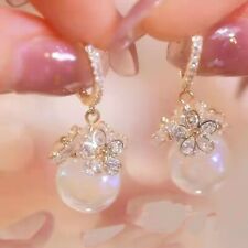 925 Silver Fashion Zircon Pearl Flower Hoop Earrings Drop Dangle Wedding Jewelry