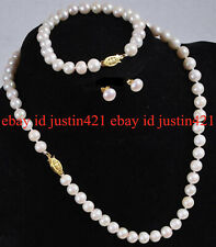Real Natural 7-8mm White Cultured Pearl Necklace Bracelet Earring Set