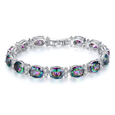 New Oval Rainbow Fire Mystic Topaz Charm Women Holiday Jewelry Silver Bracelets