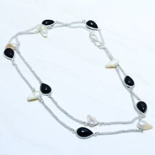 Black Onyx, Biwa Pearl Gemstone Handmade Silver Jewelry Necklace 36 NRJR3825"