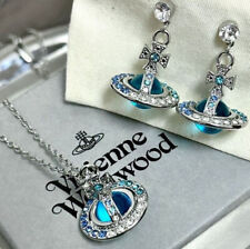 Vivienne Westwood Jewelry Set Crystal Blue Tone 3D Orb Saturn Necklace&Earrings