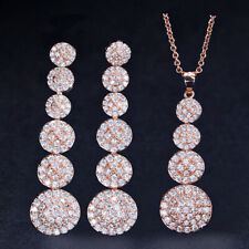 585 Rose Gold Pave CZ Long Round Drop Pendant Necklace Earrings Chic Jewelry Set