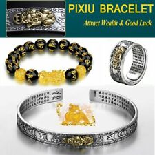 2Pcs Feng Shui Obsidian Pixiu Beads Bracelet Ring Set Good Luck Wealth Unisex