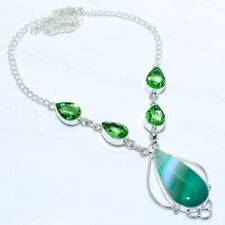 Green Banded Agate, Peridot Gemstone Silver Jewelry Necklace 18 NRJR3636"