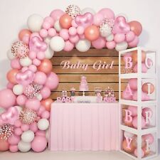 143pcs Baby Boxes Pink Baby Shower Decorations for Girl, Rose Gold Pink Ballo...