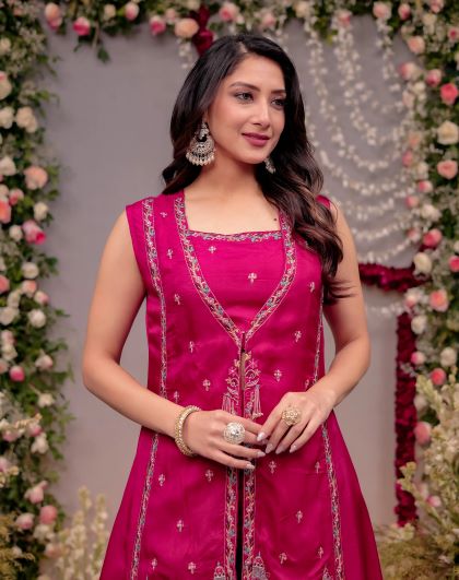 Fuchsia Silk Anarkali Suit with Detailed Yoke Embroidery