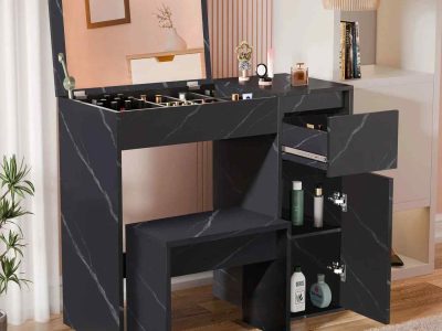 Compact Flip-Up Mirror Dressing Table with Stool
