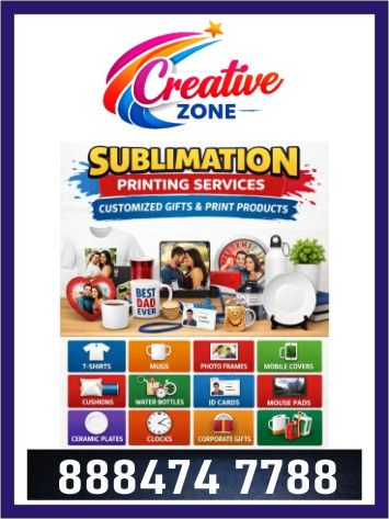 Creative Zone | 8884747788 | Sublimation Printing – T-Shirts Mugs & Gifts | Contact | 438