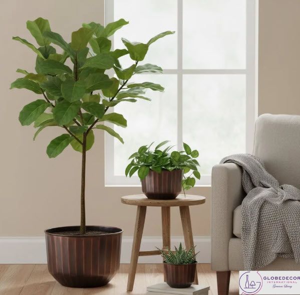 Rustic Brown Metal Planter Set of 3 – Vertical Ridges Design | GLOBEDECOR
