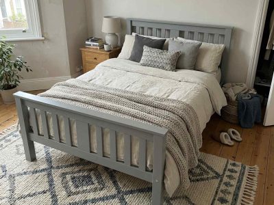 Wooden Bed Frame – White or Grey, Slatted Construction, Four UK Sizes
