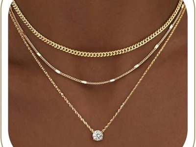 WomenGifts Layered Gold Necklaces for Women, 14K Gold Sterling Silver Plated Dainty Pendant Necklace Set Non Tarnish, Chunky Stackable Cuban Chain Choker, Trendy Birthstone Vacation Jewelry Gift