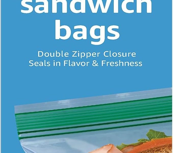 Amazon Basics Reclosable Double Zipper Sandwich Storage Bags for Food Storage, BPA Free, 100 Count