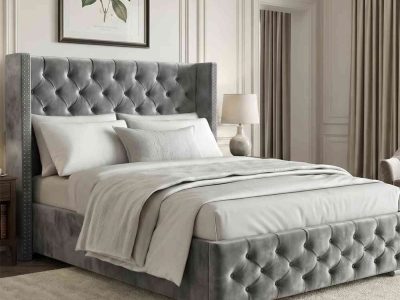 Grey Small Double Cross Panel Ottoman Bed with Hidden Base Storage